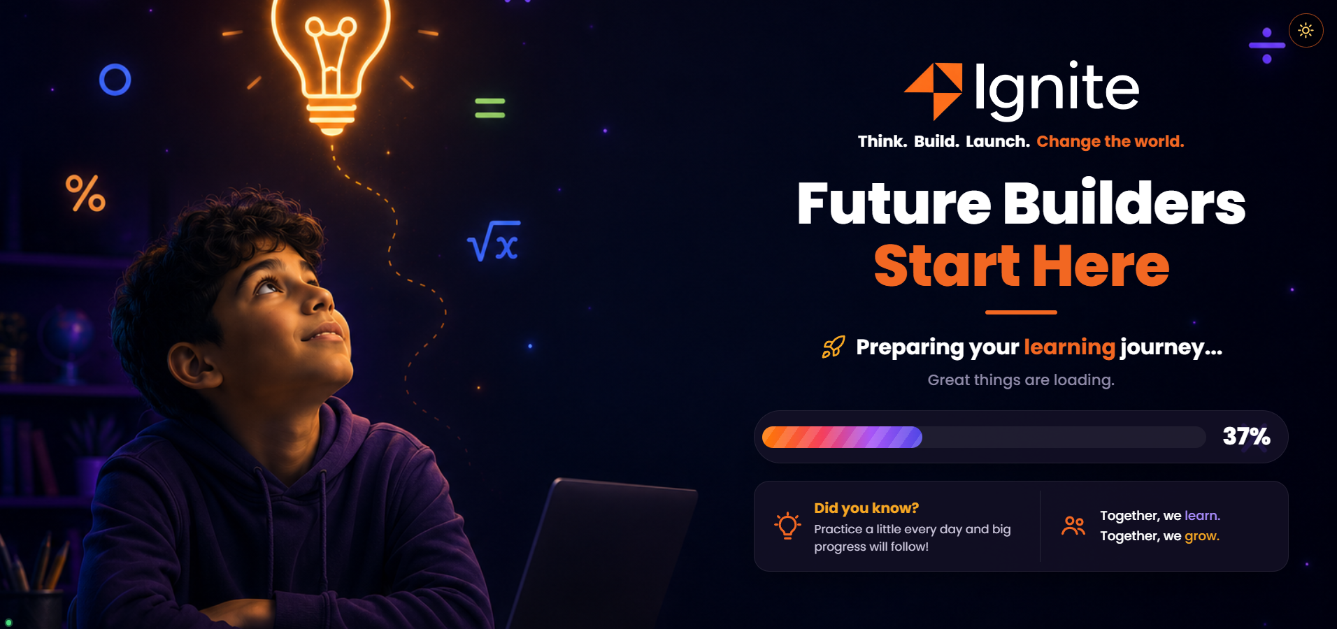 IGNITE Abacus AI loading screen with progress indicator and learning tips
