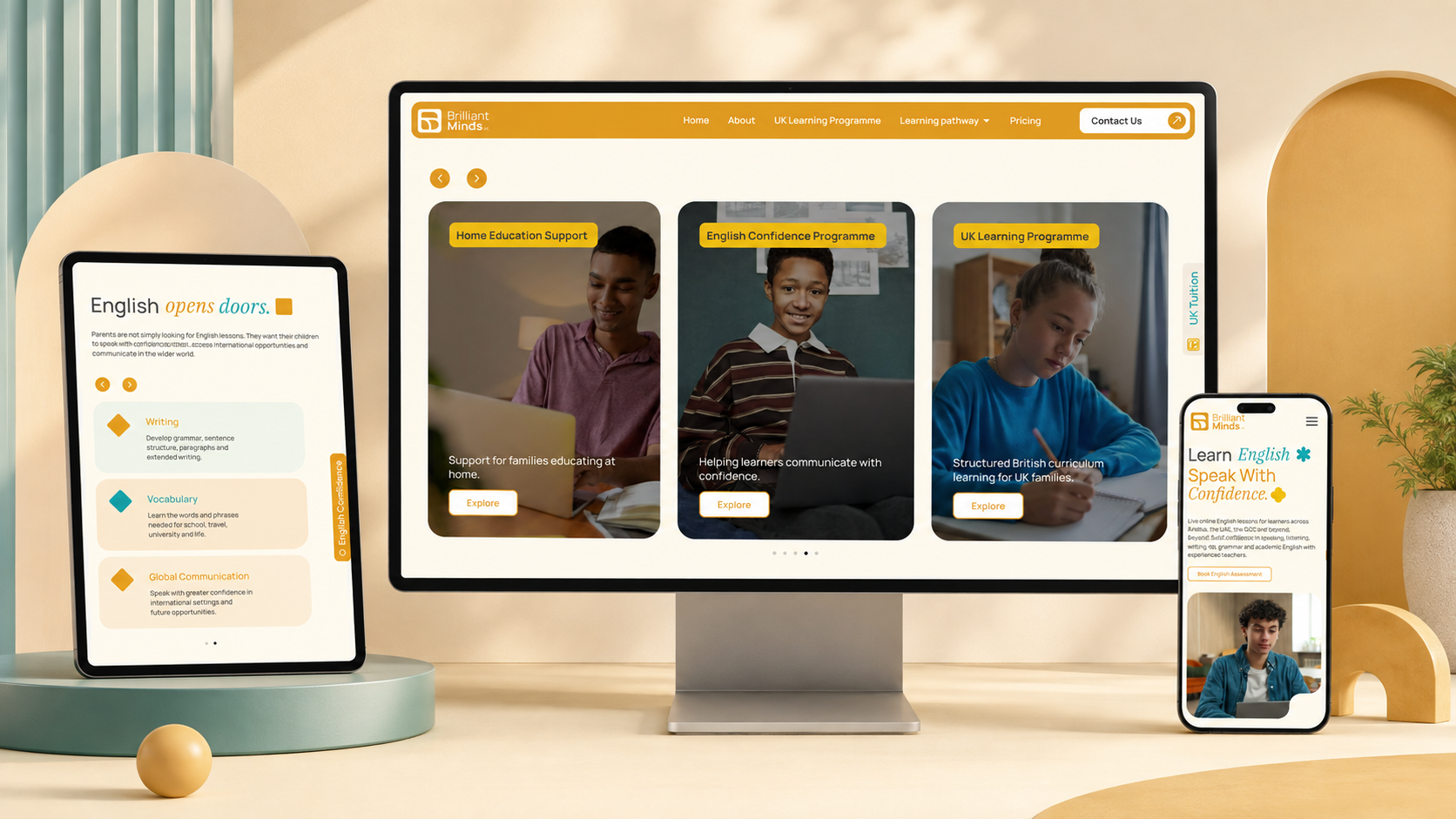 Brilliant Minds programme cards across desktop, tablet and mobile