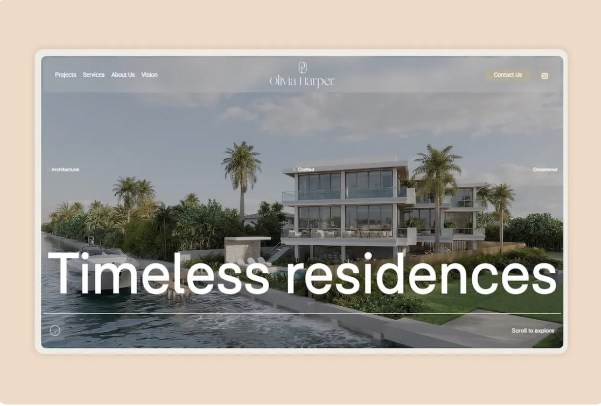 Olivia Harper Homes website homepage showing the timeless residences hero