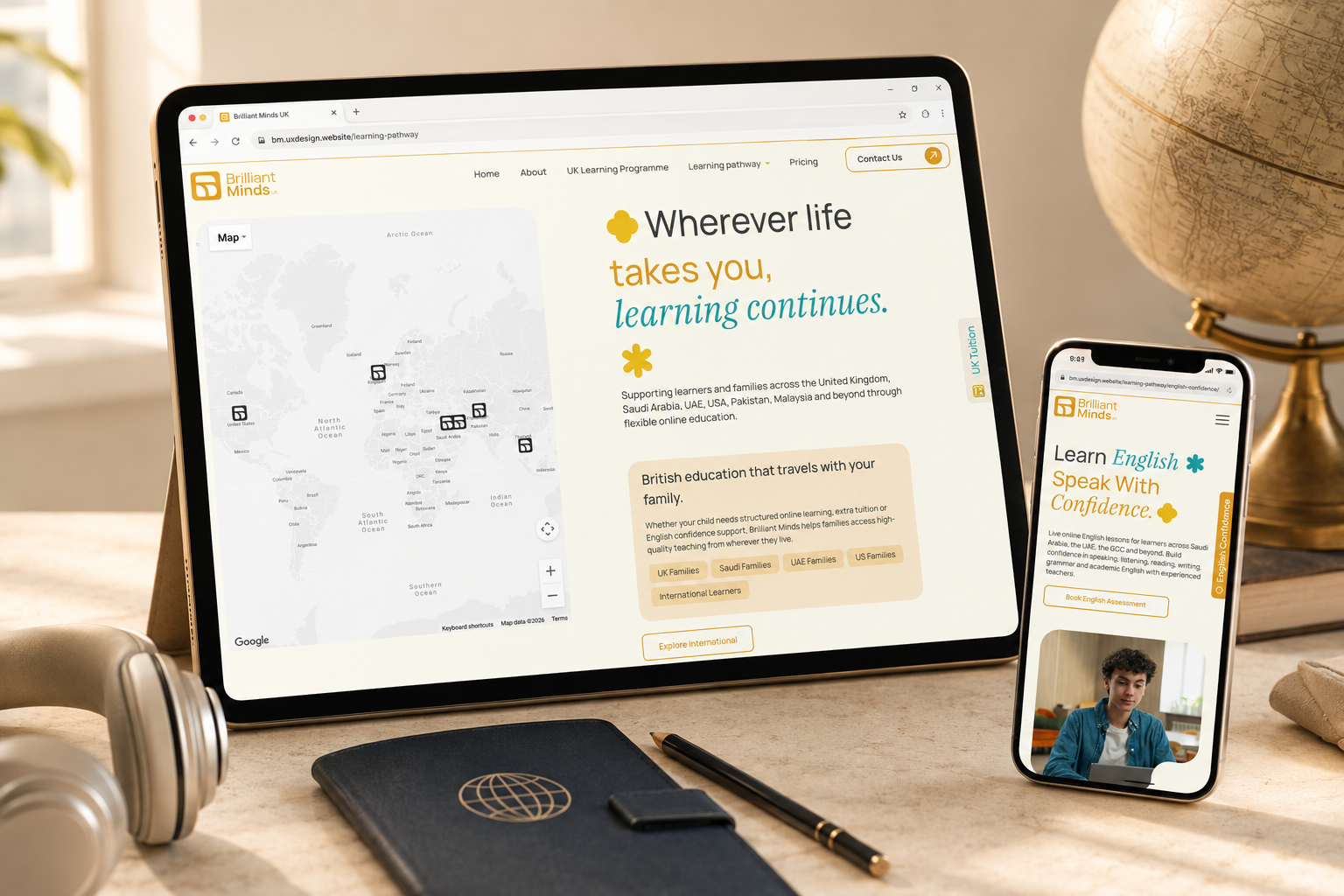 Brilliant Minds international learning pathway page with world map