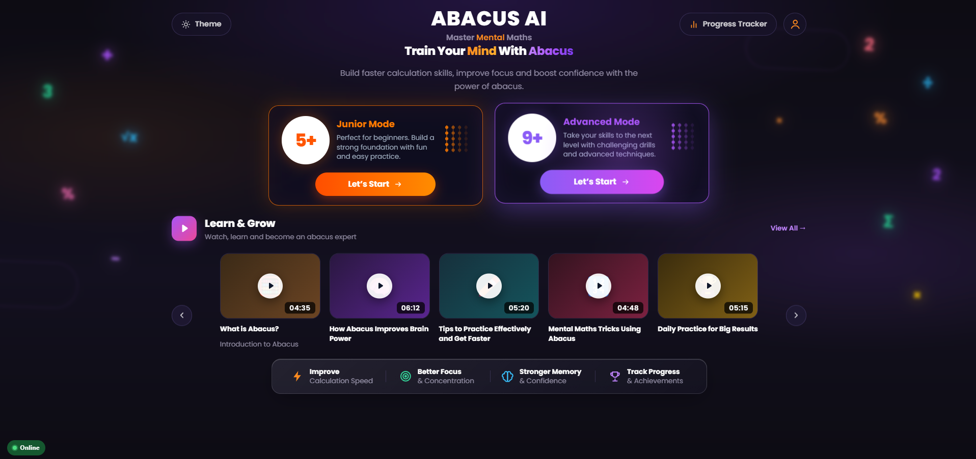 Abacus AI dashboard showing junior and advanced practice modes and lesson videos