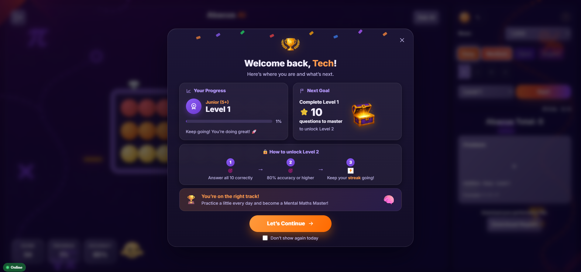 Learner progress modal showing level, next goal and unlock criteria