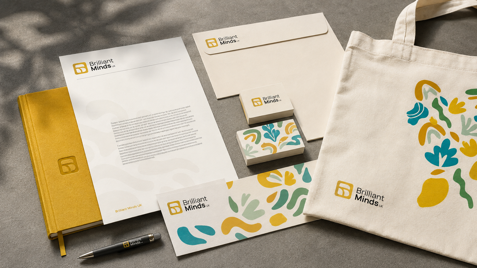 Brilliant Minds stationery, notebook and tote bag with pattern system
