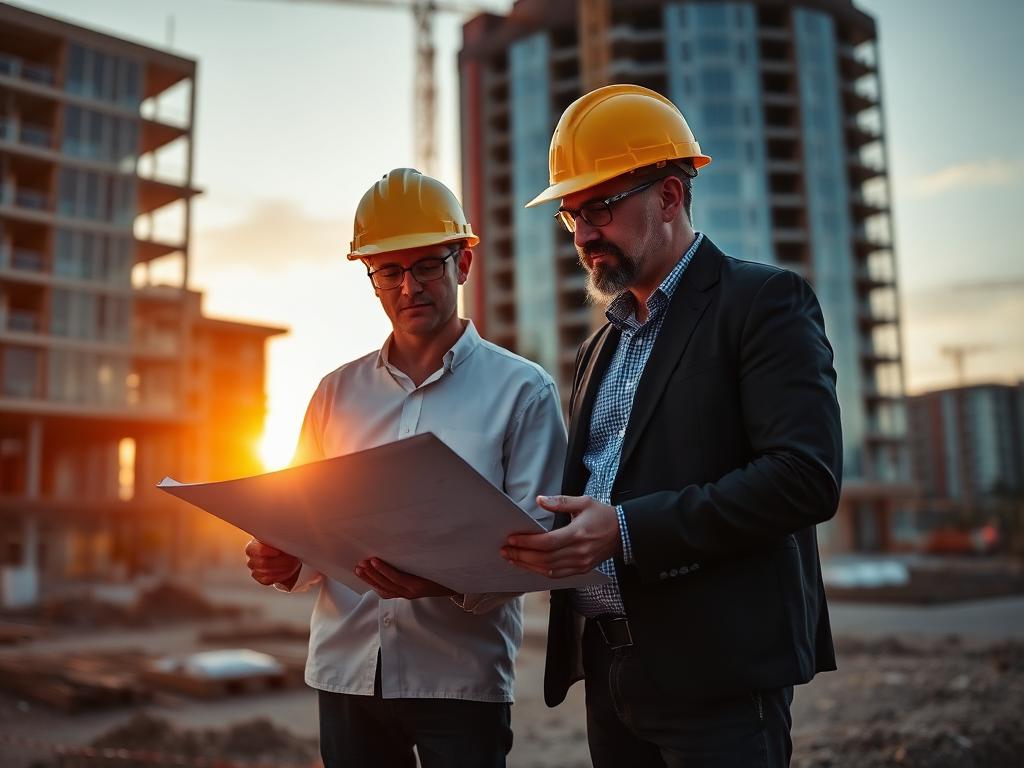 Project team reviewing plans on a development site