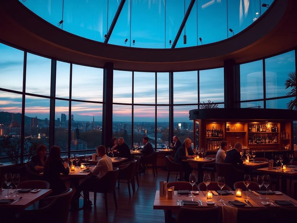 Guests dining in a premium restaurant at dusk