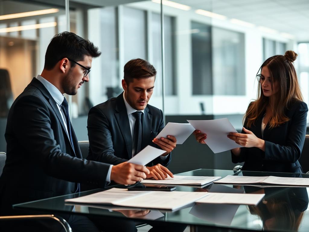 Advisers reviewing documents in a glass meeting room
